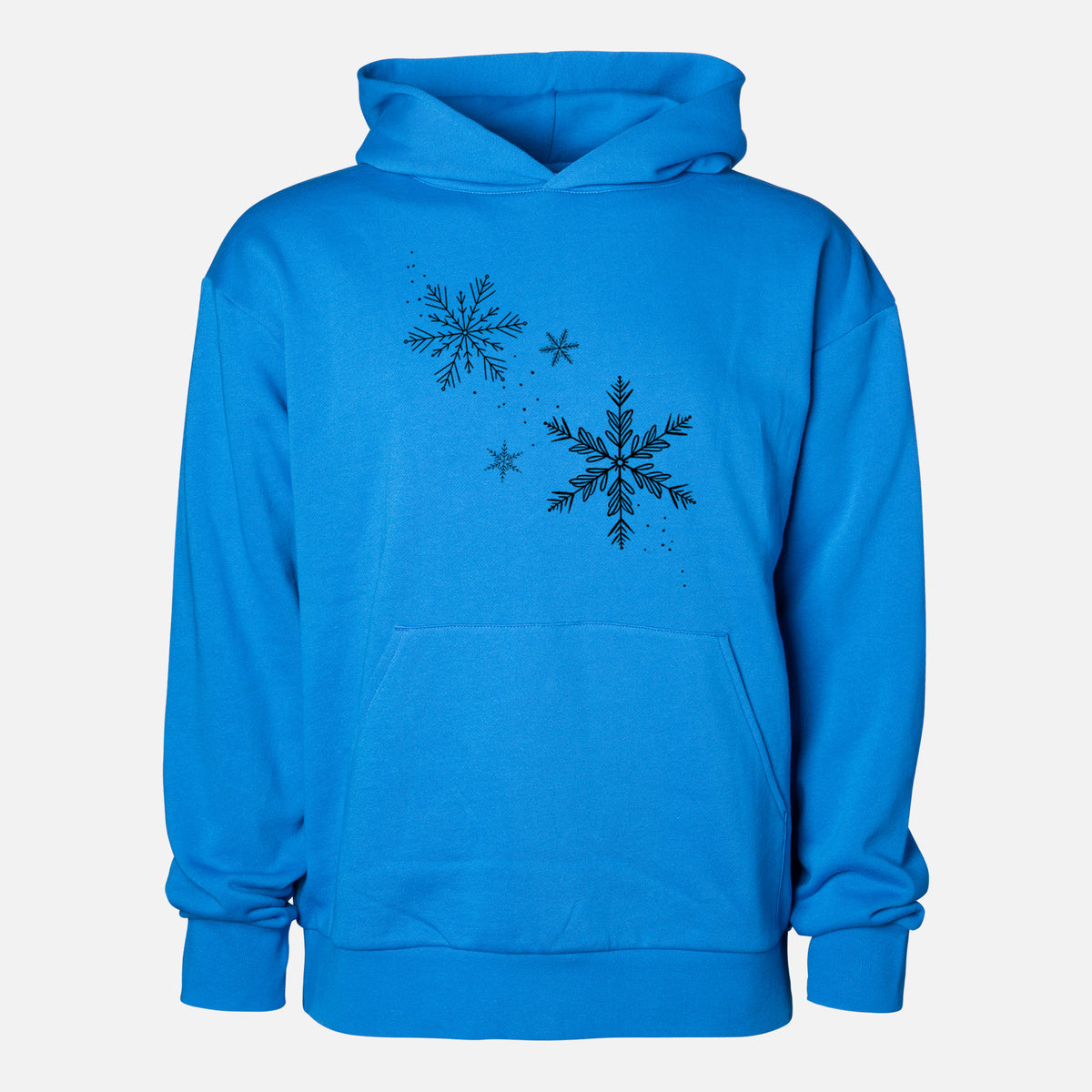 Falling Snowflakes - Statement Midweight Hoodie in Azure Blue, shown from the front with the design printed on the chest above a front kangaroo pocket.