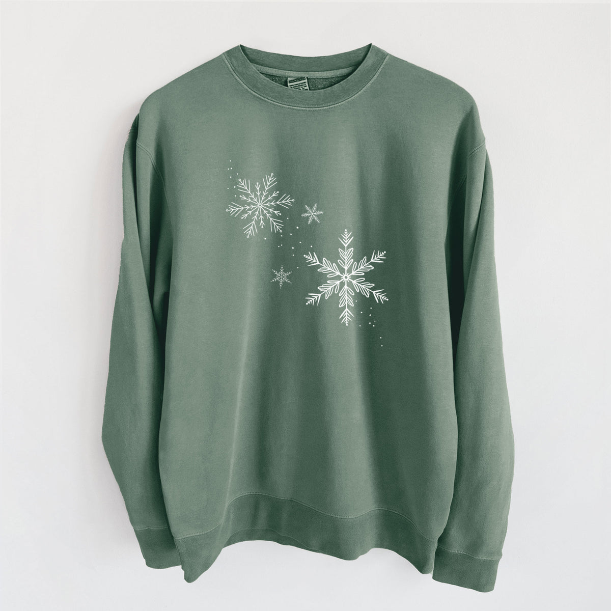 Falling Snowflakes - Unisex Pigment Dyed Crew Sweatshirt in Alpine Green