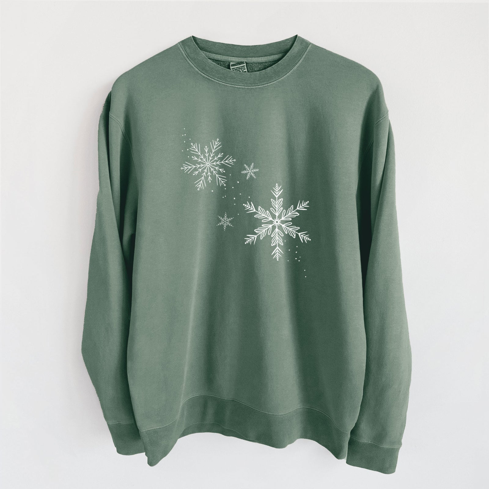Falling Snowflakes - Unisex Pigment Dyed Crew Sweatshirt in Alpine Green
