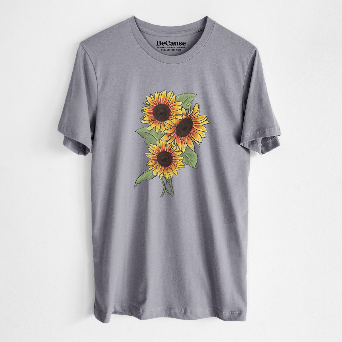 Storm grey lightweight cotton t-shirt laid flat, printed with a full-color illustration of a bunch of yellow and orange sunflowers.