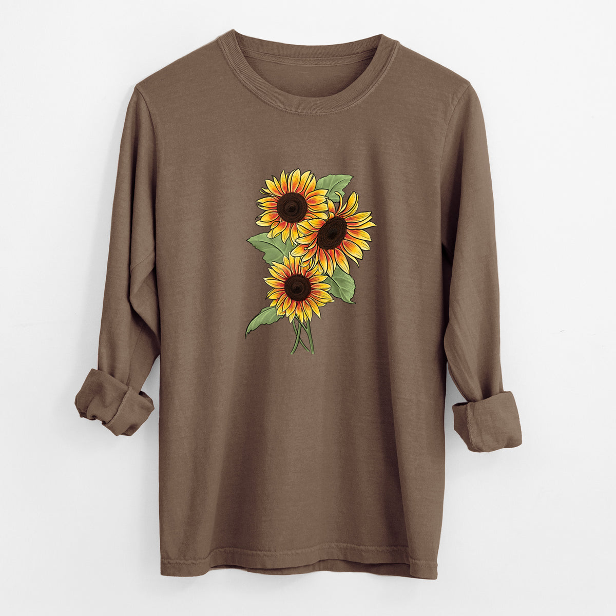 Espresso brown Comfort Colors long sleeve shirt laid flat with the cuffs rolled, printed with a full-color illustration of a bunch of yellow and orange sunflowers.