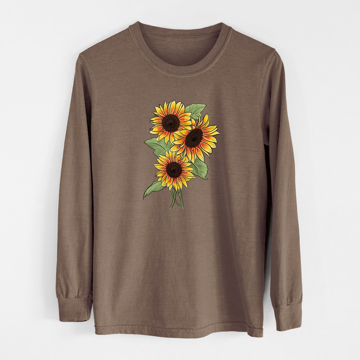 Espresso brown Comfort Colors long sleeve shirt laid flat, printed with a full-color illustration of a bunch of yellow and orange sunflowers.