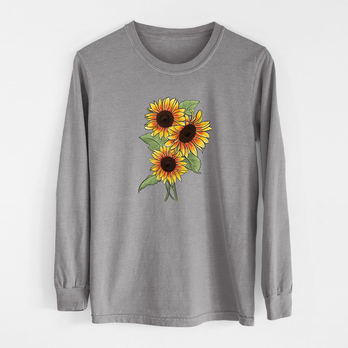 Grey Comfort Colors long sleeve shirt laid flat, printed with a full-color illustration of a bunch of yellow and orange sunflowers.