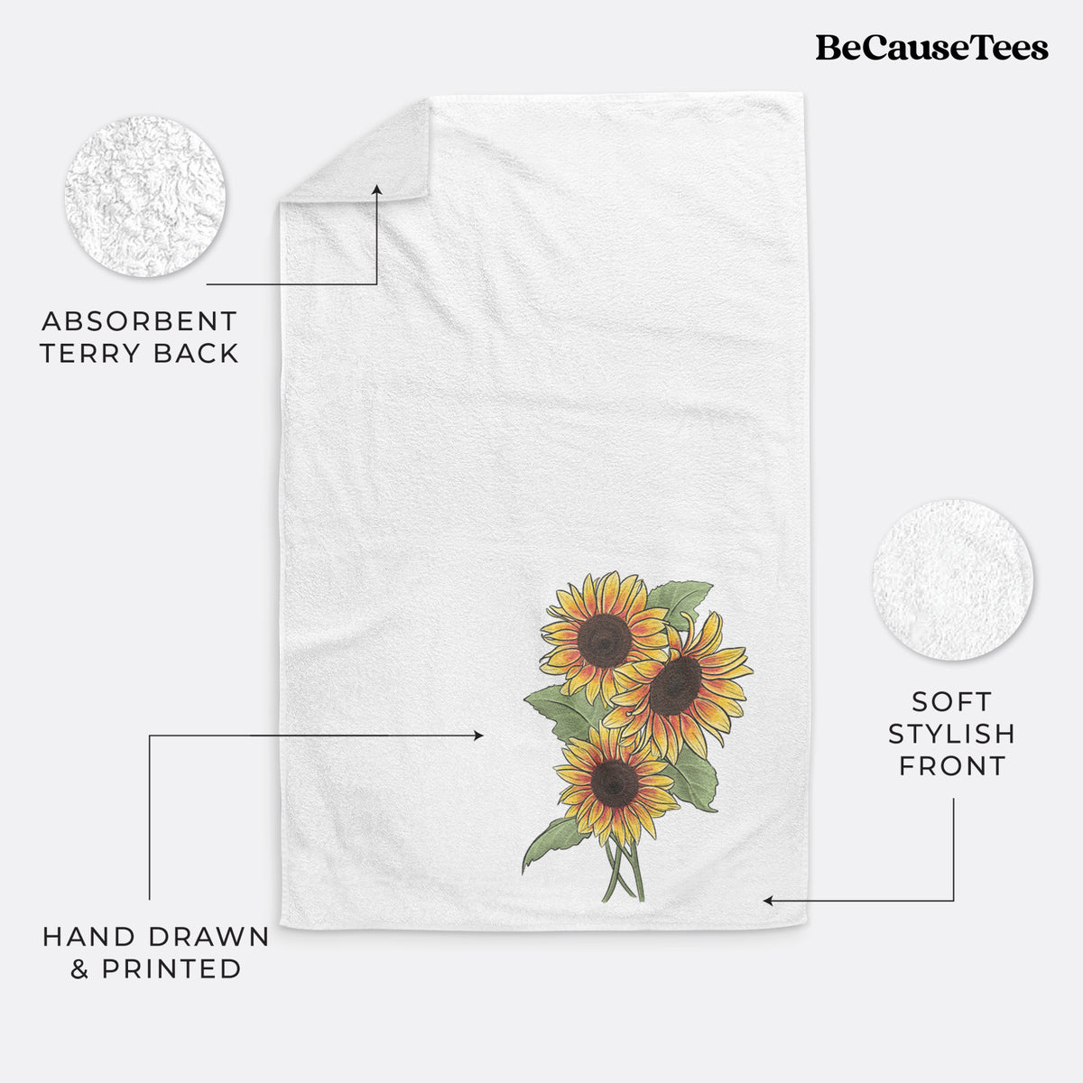 White hand towel printed with a full-color illustration of a bunch of yellow and orange sunflowers.