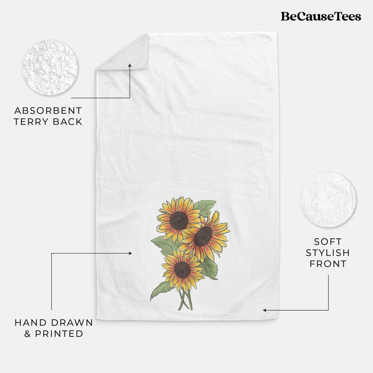 White hand towel printed with a full-color illustration of a bunch of yellow and orange sunflowers.