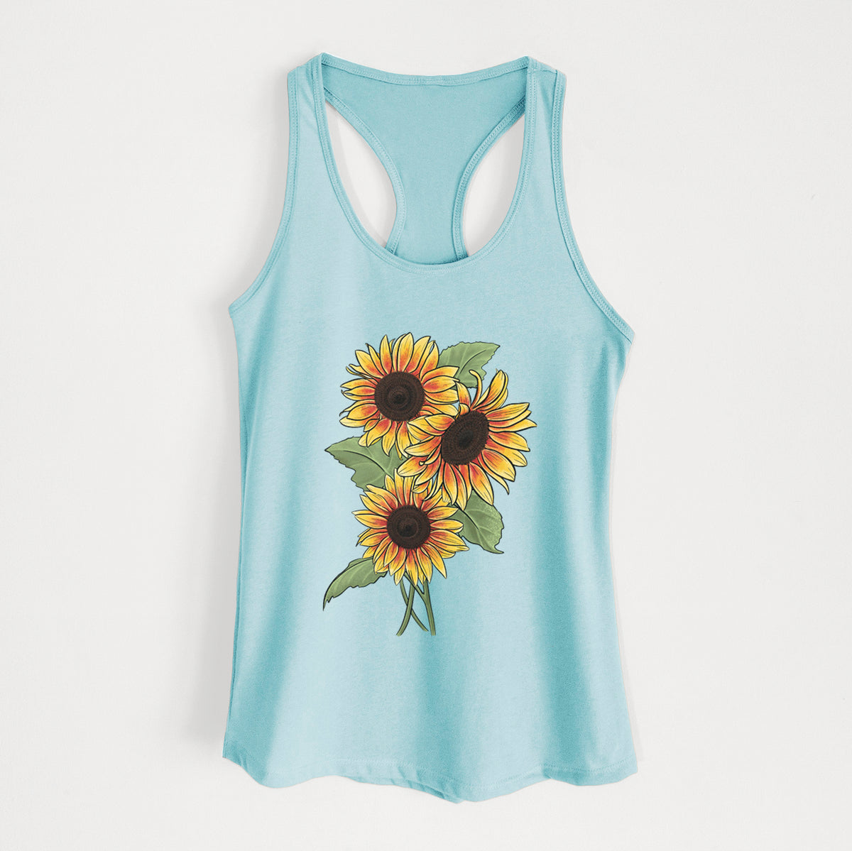 Cancun blue women's racerback tank top laid flat, printed with a full-color illustration of a bunch of yellow and orange sunflowers.