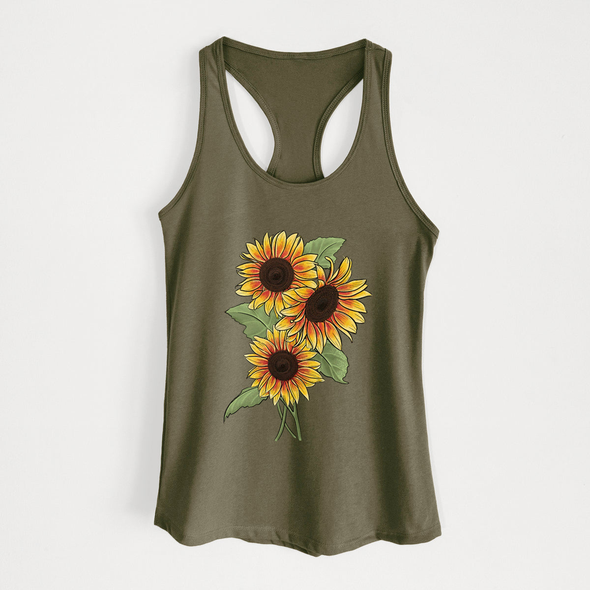 Military green women's racerback tank top laid flat, printed with a full-color illustration of a bunch of yellow and orange sunflowers.