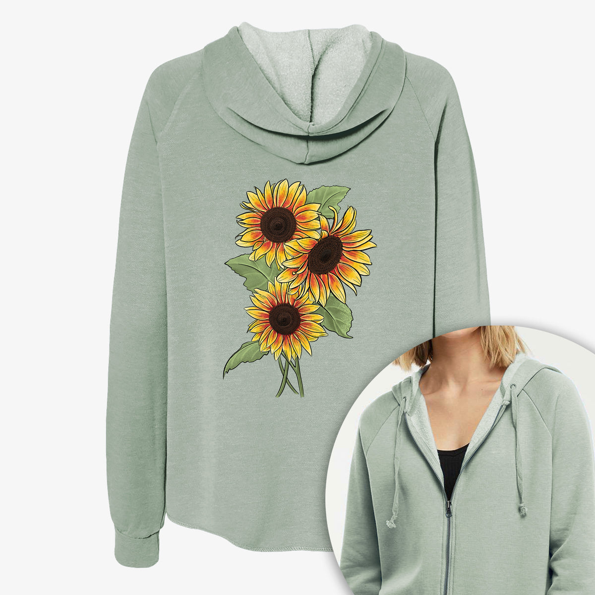 Women's Cali Wave zip-up sweatshirt printed with a full-color illustration of a bunch of yellow and orange sunflowers, with a close-up of the zipper.