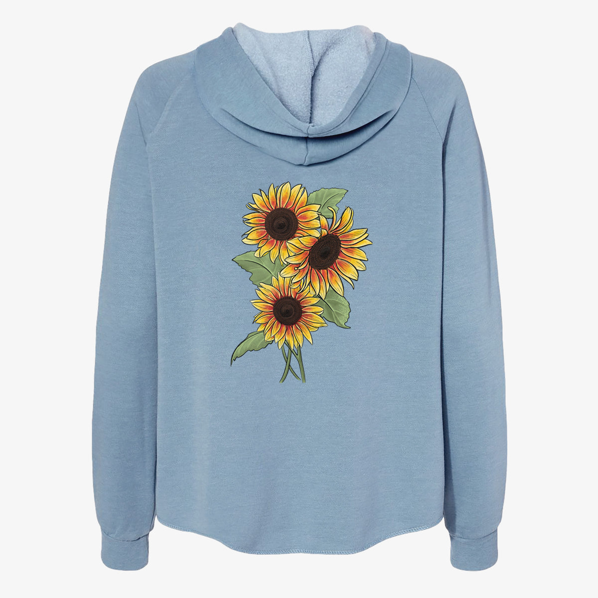 Misty blue women's Cali Wave zip-up sweatshirt laid flat, printed with a full-color illustration of a bunch of yellow and orange sunflowers.
