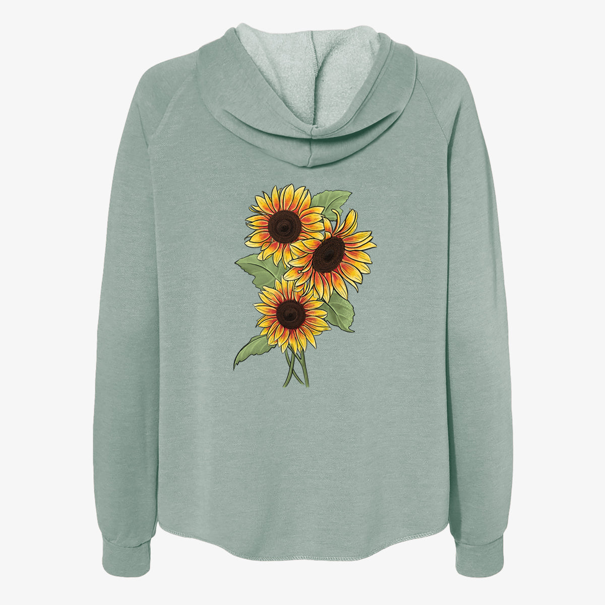 Sage green women's Cali Wave zip-up sweatshirt laid flat, printed with a full-color illustration of a bunch of yellow and orange sunflowers.