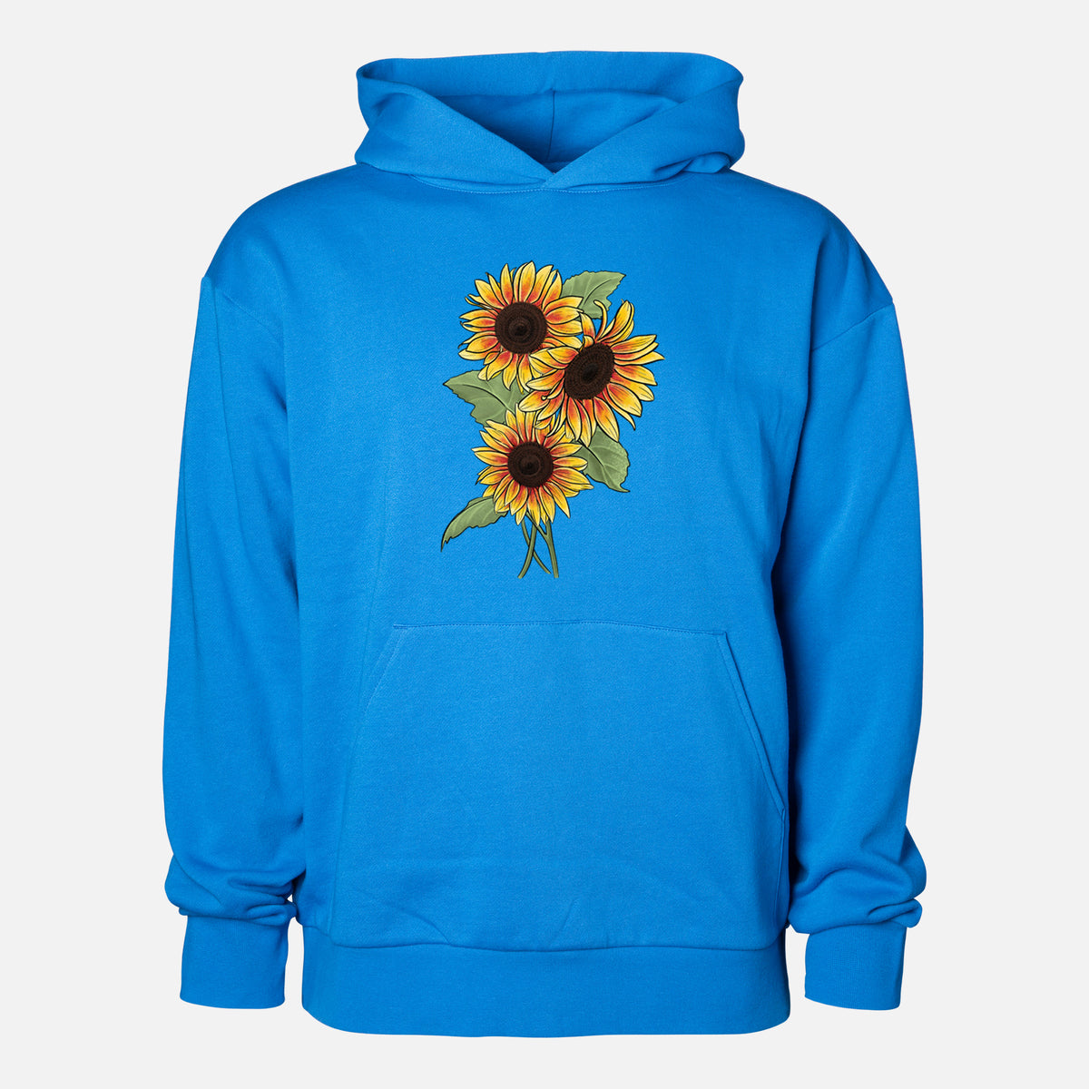 Firecracker Sunflowers - Helianthus annuus - Statement Midweight Hoodie in Azure Blue, shown from the front with the design printed on the chest above a front kangaroo pocket.