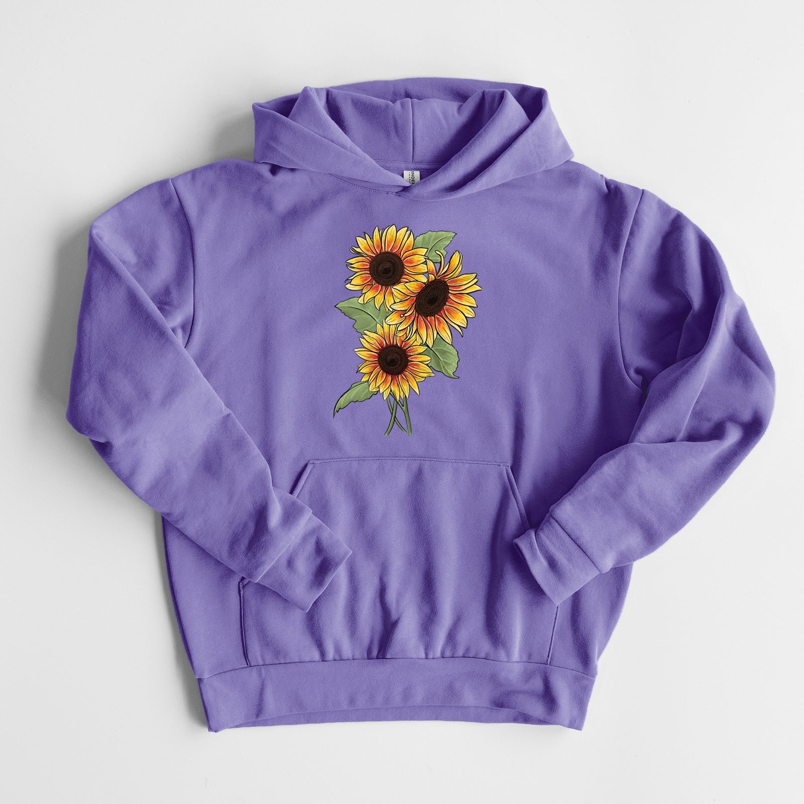 Firecracker Sunflowers - Helianthus annuus - Statement Midweight Hoodie in Violet, laid flat, showing the oversized boxy fit and front kangaroo pocket.