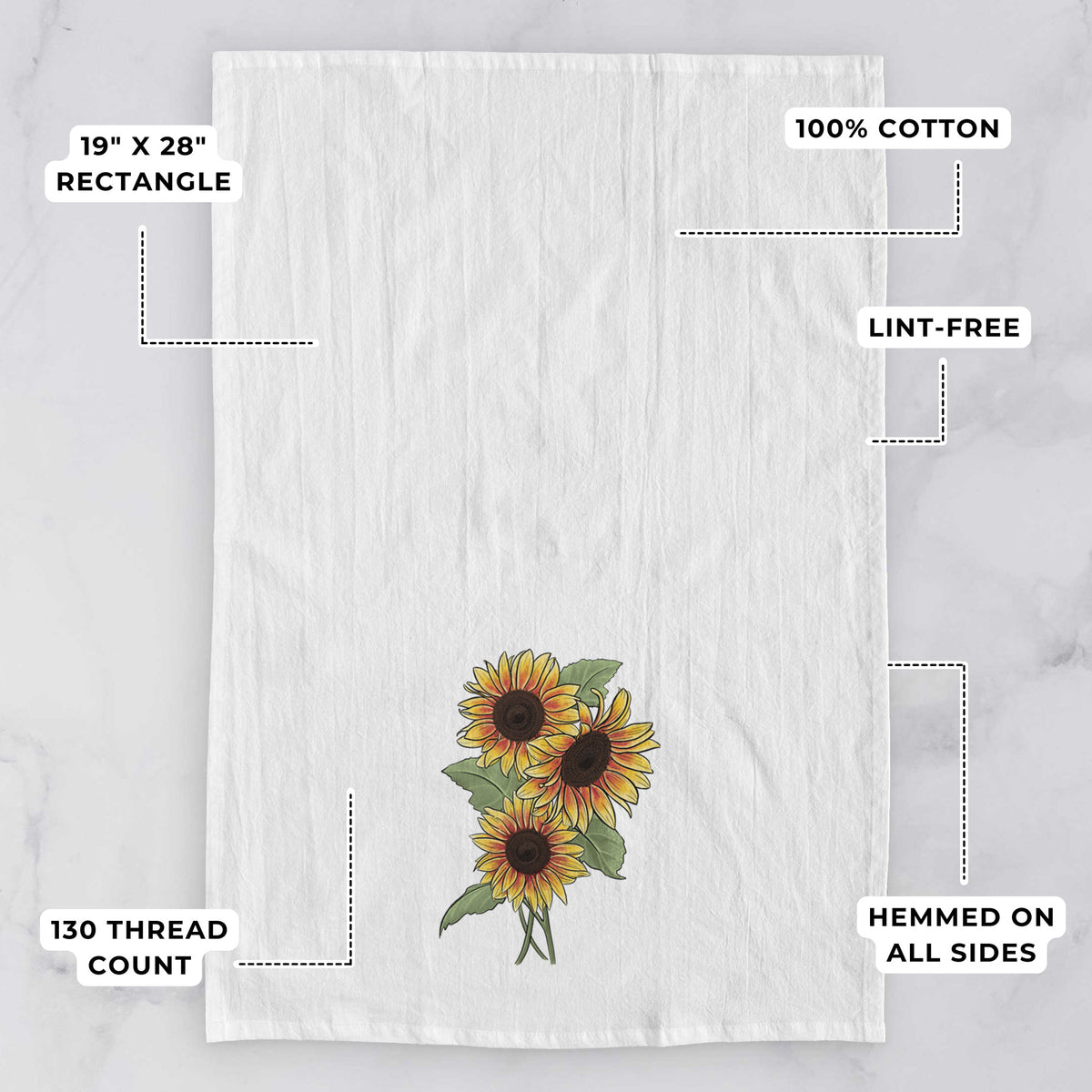 White tea towel printed with a full-color illustration of a bunch of yellow and orange sunflowers, with feature labels: 19 by 28 inch rectangle, 100% cotton, lint-free, 130 thread count, hemmed on all sides.