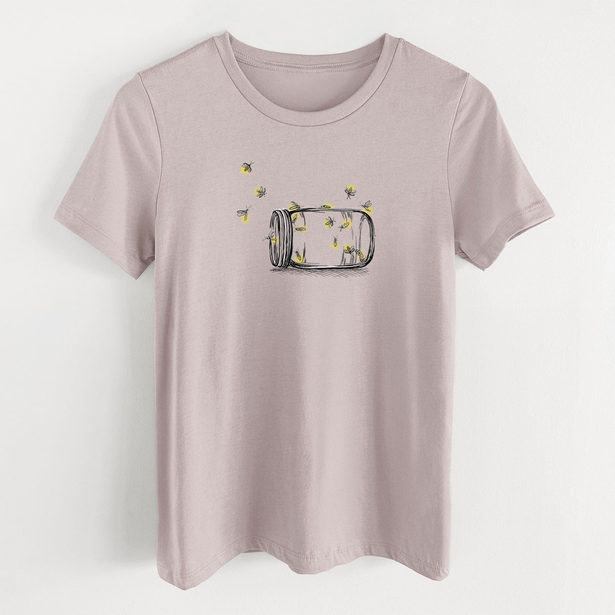 Pink gravel women's relaxed fit cotton t-shirt laid flat, printed with a mason jar with glowing yellow fireflies flying out of it.
