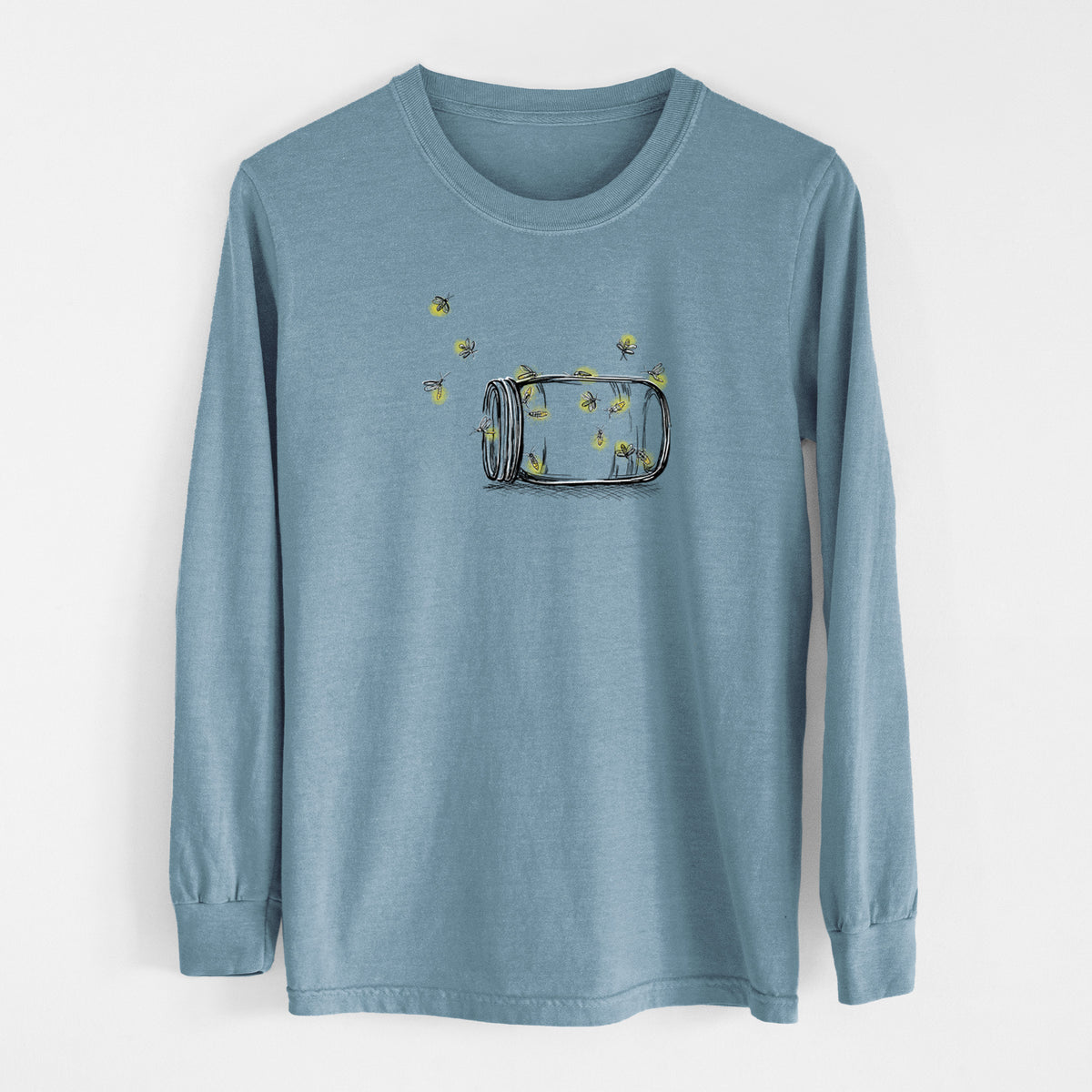 Steel blue Comfort Colors long sleeve shirt laid flat, printed with a mason jar with glowing yellow fireflies flying out of it.