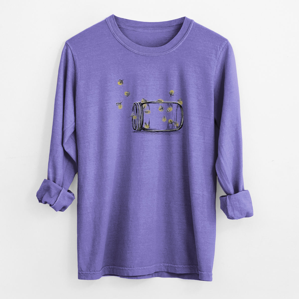 Violet purple Comfort Colors long sleeve shirt laid flat with the cuffs rolled, printed with a mason jar with glowing yellow fireflies flying out of it.