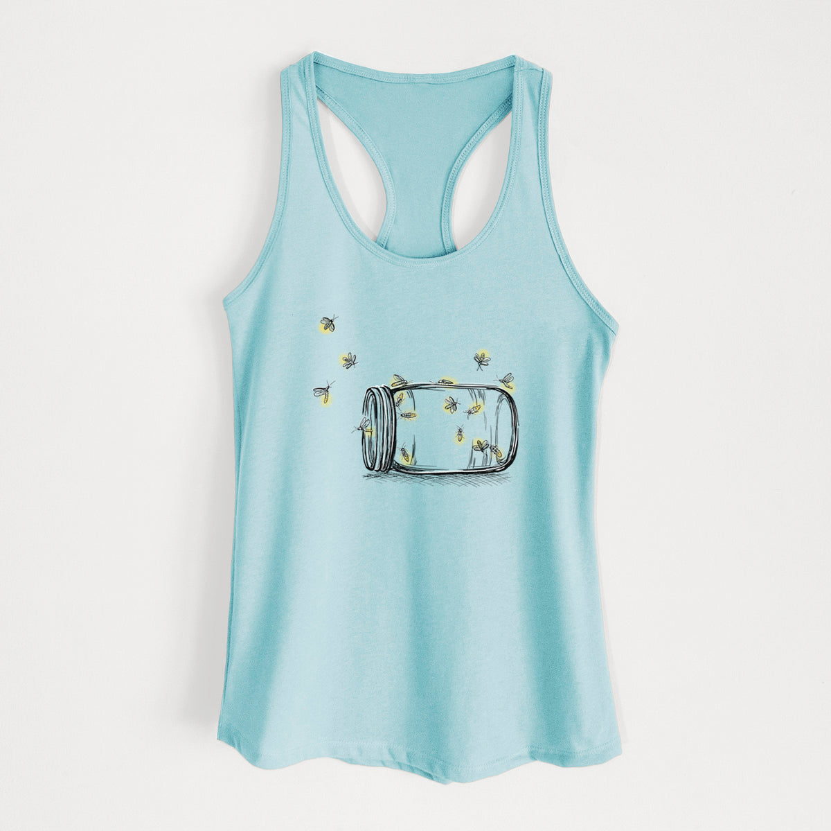 Cancun blue women's racerback tank top laid flat, printed with a mason jar with glowing yellow fireflies flying out of it.