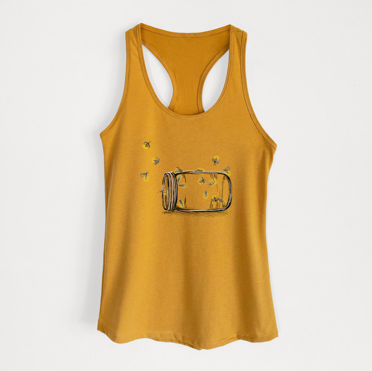 Gold women's racerback tank top laid flat, printed with a mason jar with glowing yellow fireflies flying out of it.