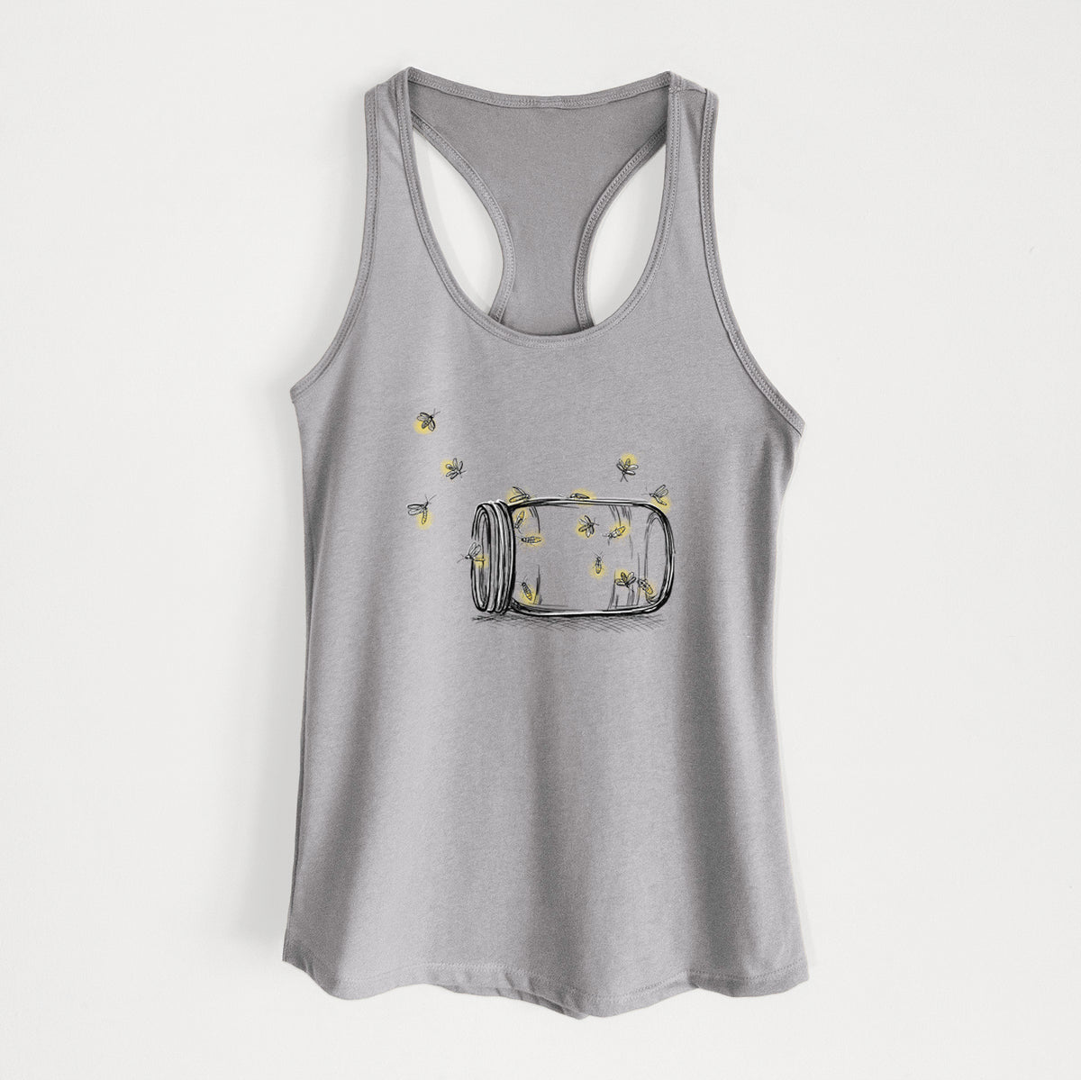 Heather grey women's racerback tank top laid flat, printed with a mason jar with glowing yellow fireflies flying out of it.