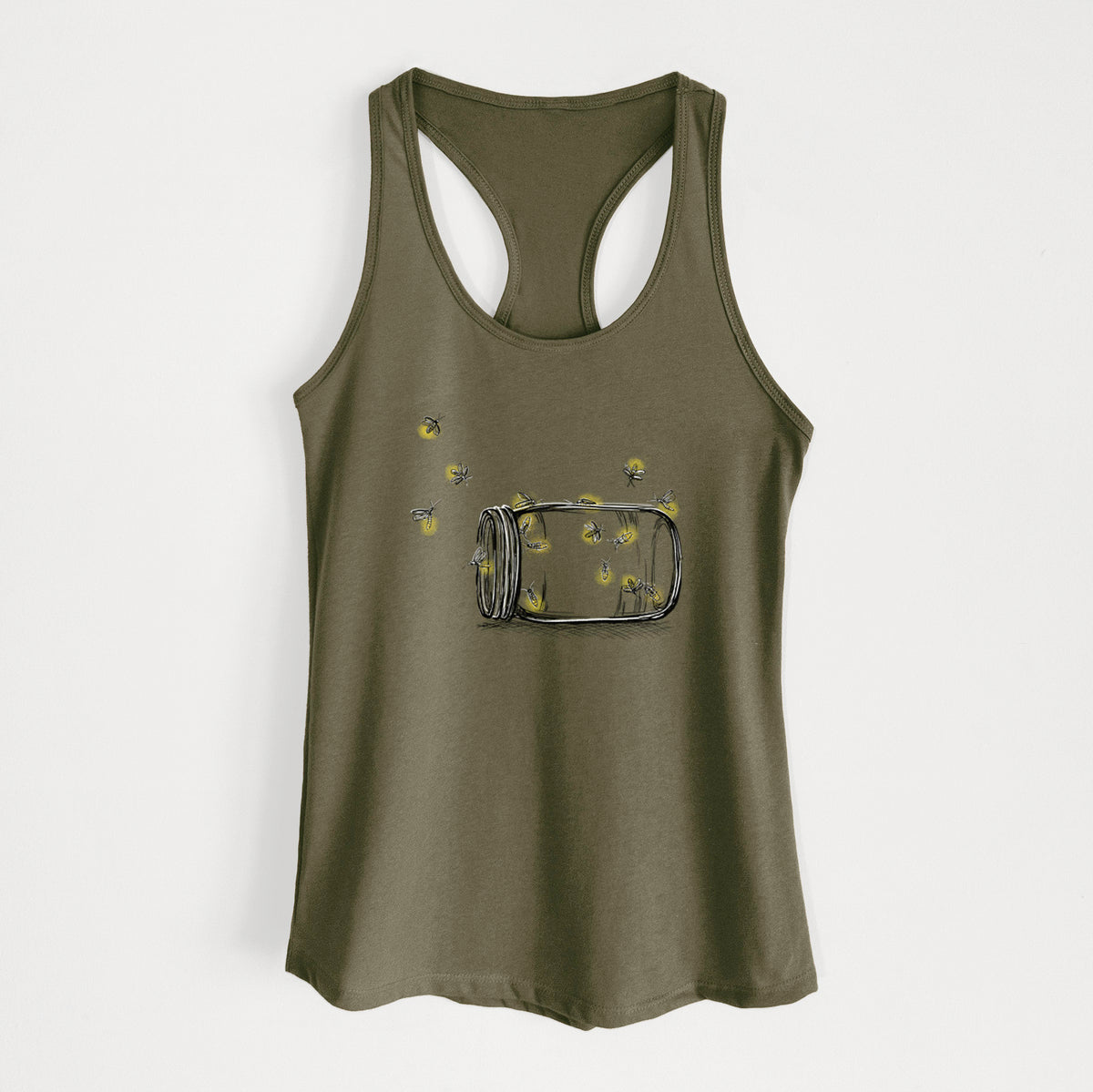 Military green women's racerback tank top laid flat, printed with a mason jar with glowing yellow fireflies flying out of it.