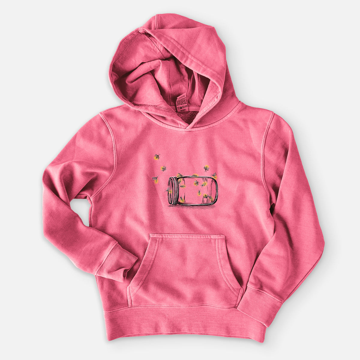 Pigment pink youth pigment dyed hoodie laid flat, printed with a mason jar with glowing yellow fireflies flying out of it.