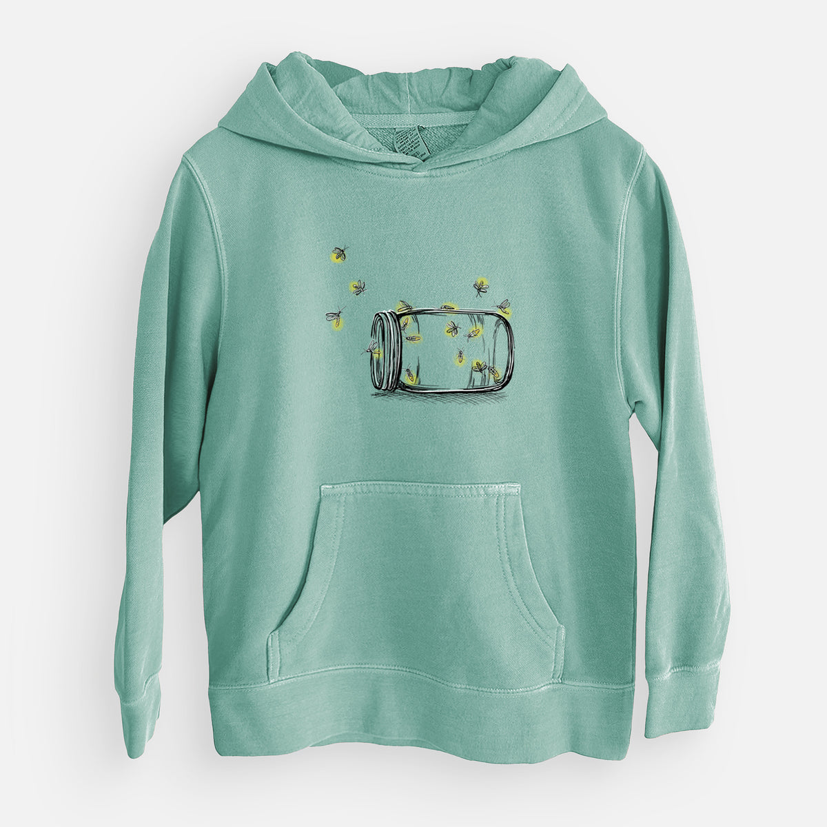 Sea green youth pigment dyed hoodie laid flat, printed with a mason jar with glowing yellow fireflies flying out of it.