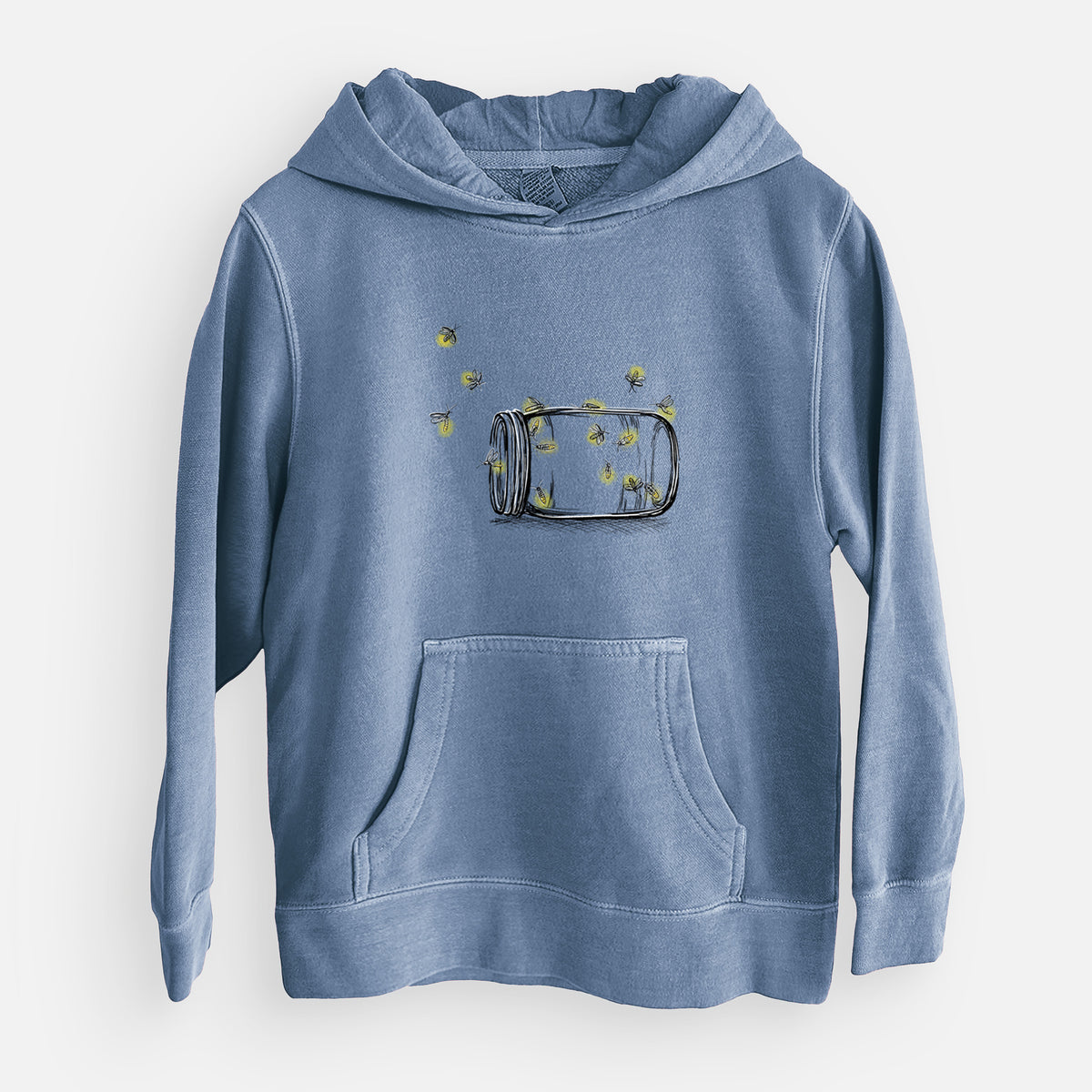 Slate blue youth pigment dyed hoodie laid flat, printed with a mason jar with glowing yellow fireflies flying out of it.