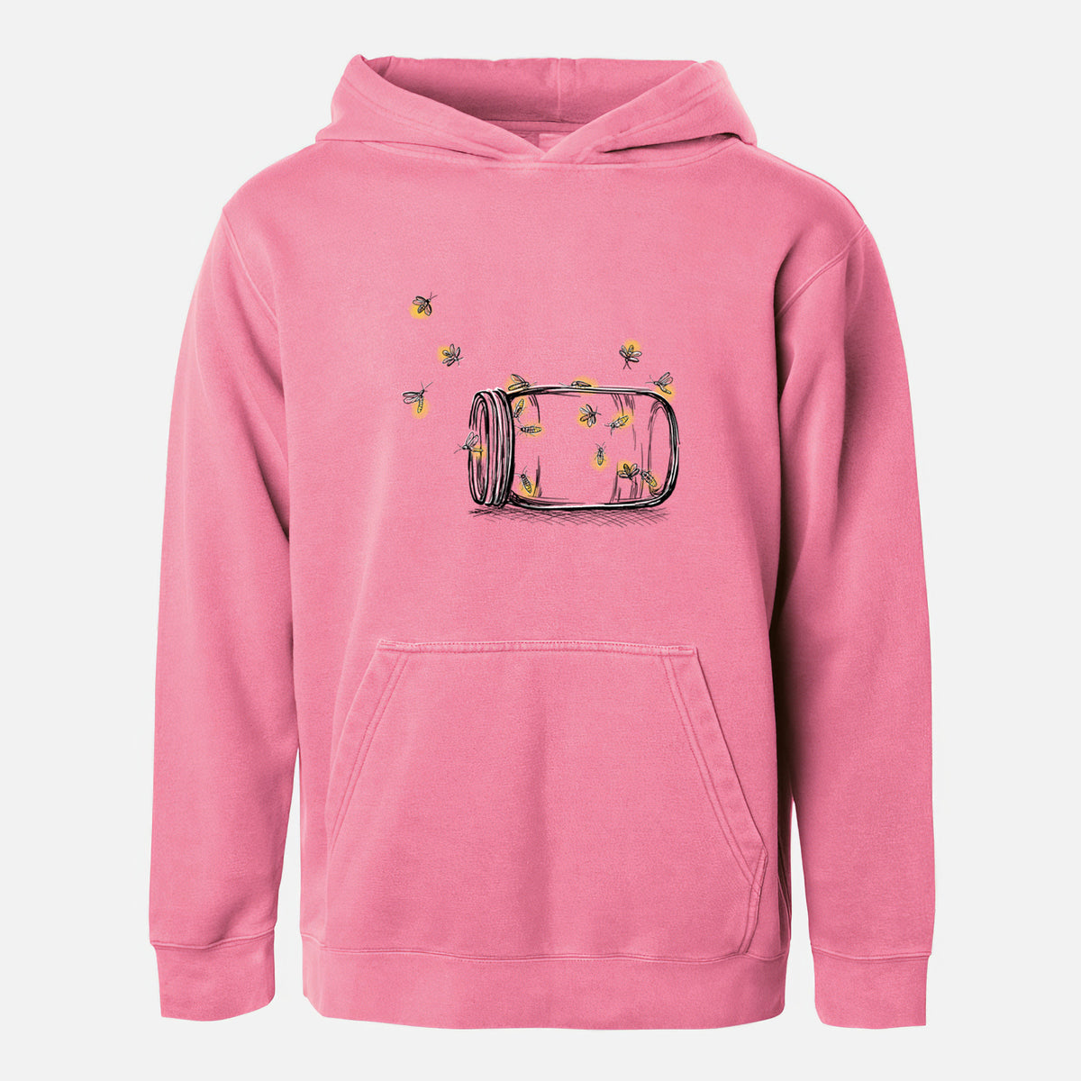 Pigment pink youth pigment dyed hoodie laid flat, printed with a mason jar with glowing yellow fireflies flying out of it.