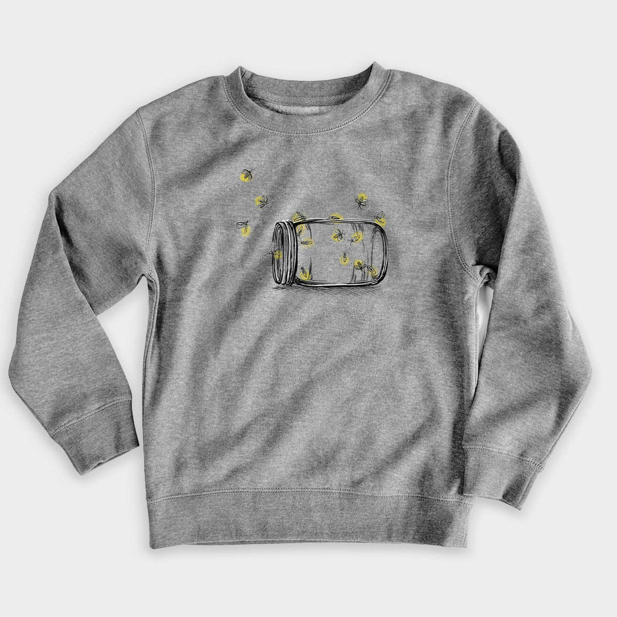 Nickel grey youth crewneck sweatshirt laid flat, printed with a mason jar with glowing yellow fireflies flying out of it.