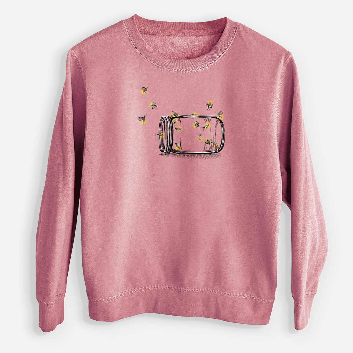 Mauve pink youth crewneck sweatshirt laid flat, printed with a mason jar with glowing yellow fireflies flying out of it.