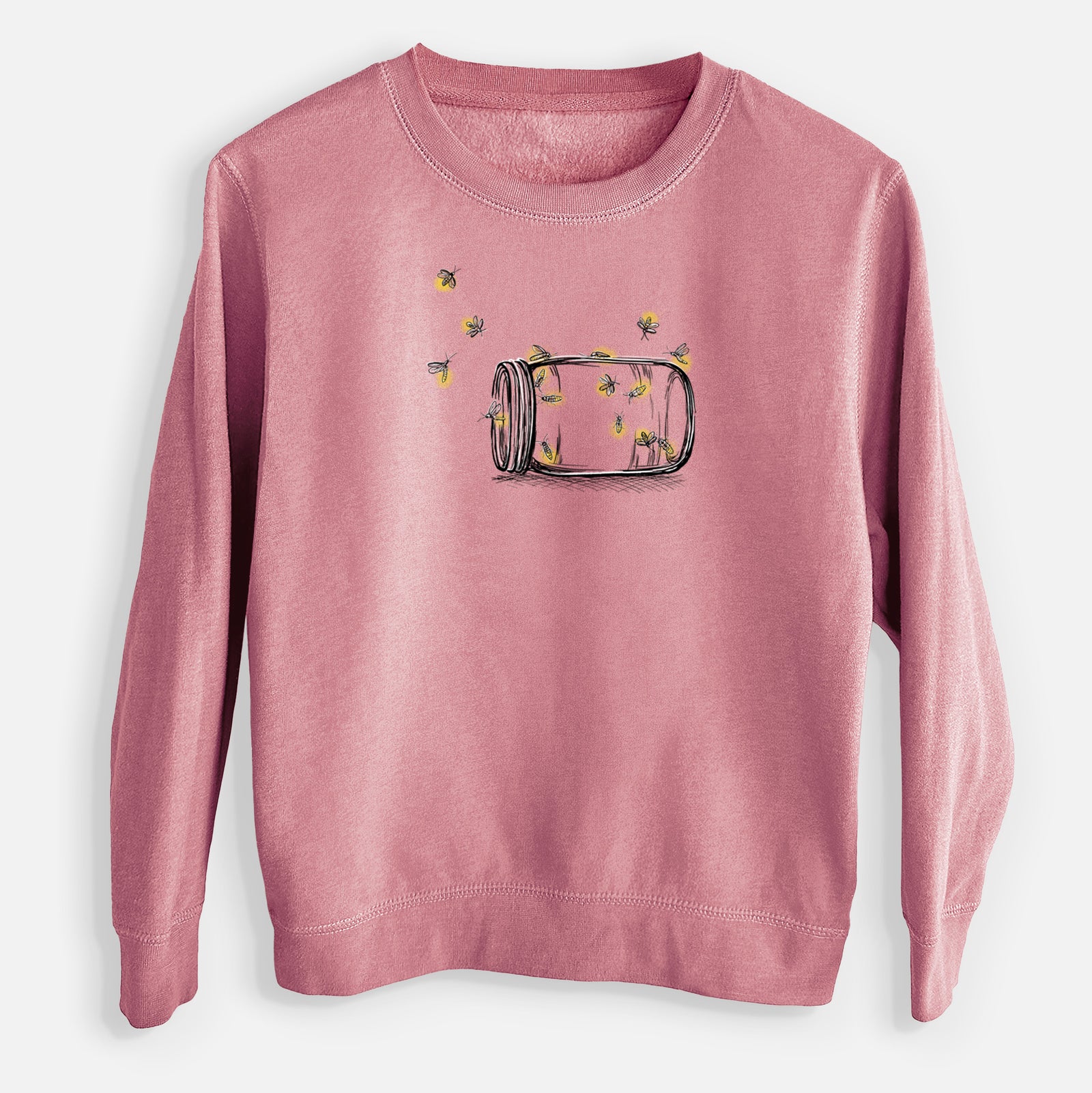 Youth crewneck sweatshirt printed with a mason jar with glowing yellow fireflies flying out of it, styled flat with khaki pants and shoes.
