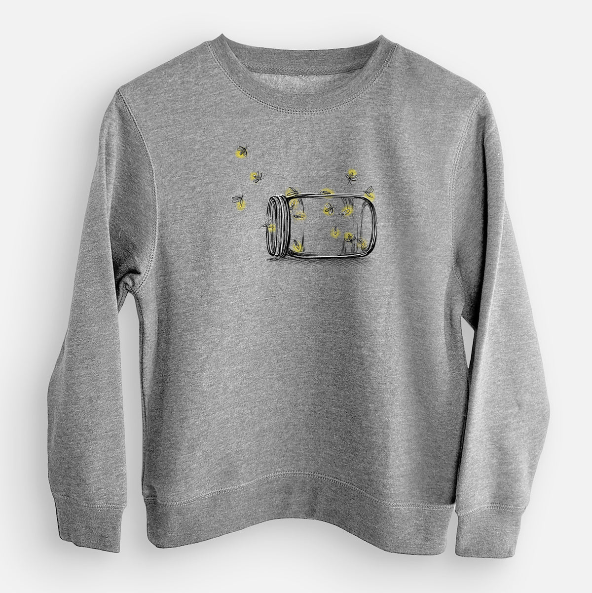 Nickel grey youth crewneck sweatshirt laid flat, printed with a mason jar with glowing yellow fireflies flying out of it.