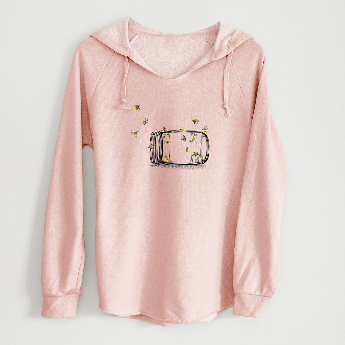 Blush pink women's Cali Wave hooded sweatshirt laid flat, printed with a mason jar with glowing yellow fireflies flying out of it.