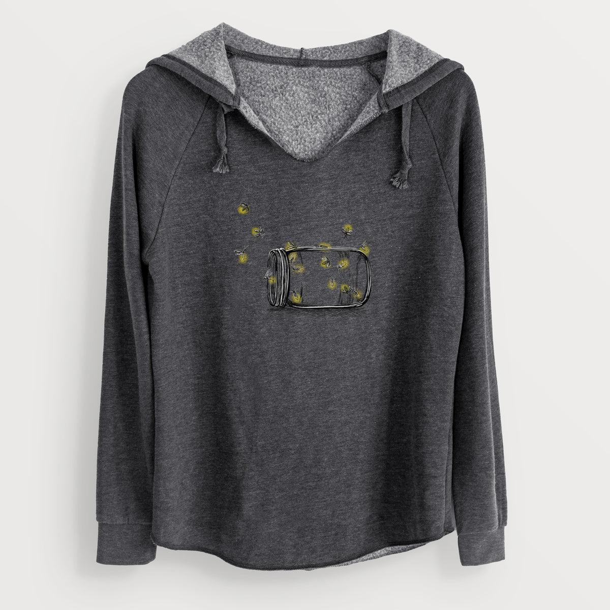 Charcoal grey women's Cali Wave hooded sweatshirt laid flat, printed with a mason jar with glowing yellow fireflies flying out of it.