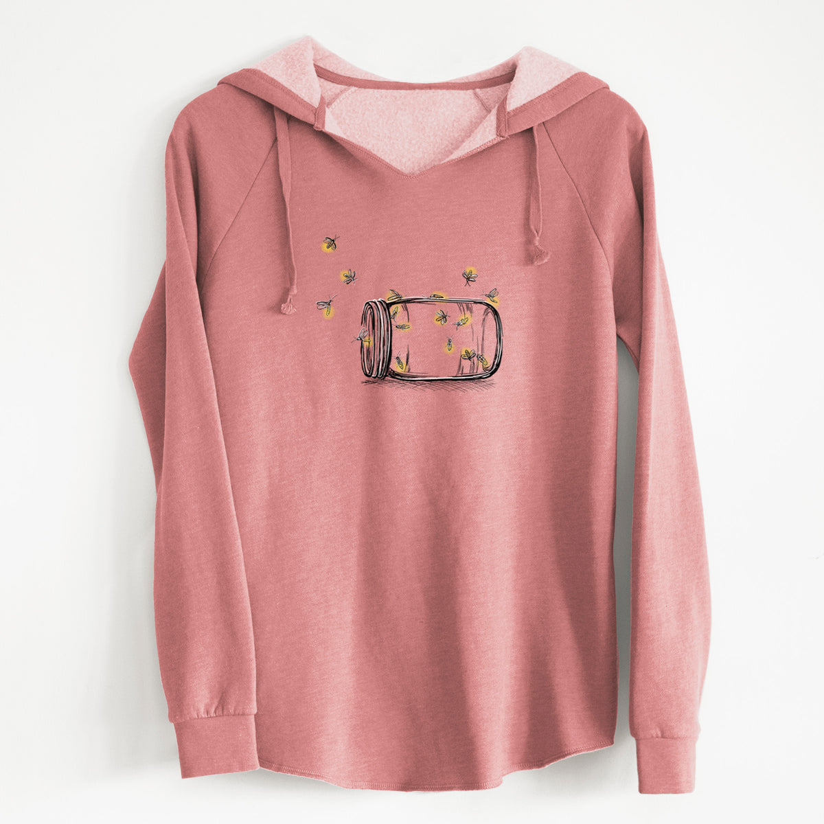 Dusty rose women's Cali Wave hooded sweatshirt laid flat, printed with a mason jar with glowing yellow fireflies flying out of it.