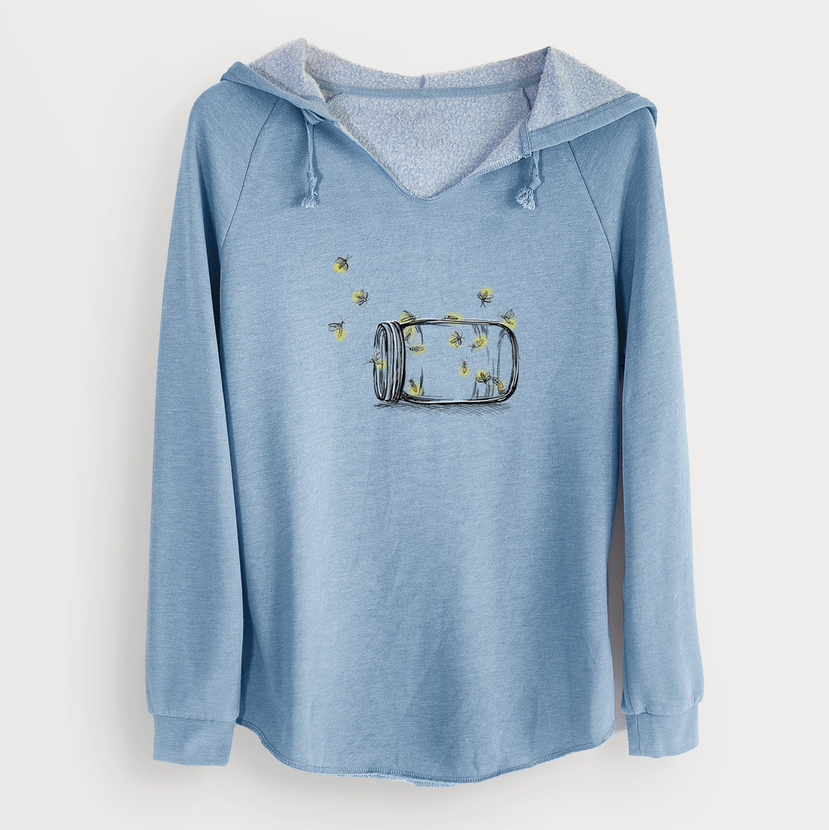 Misty blue women's Cali Wave hooded sweatshirt laid flat, printed with a mason jar with glowing yellow fireflies flying out of it.
