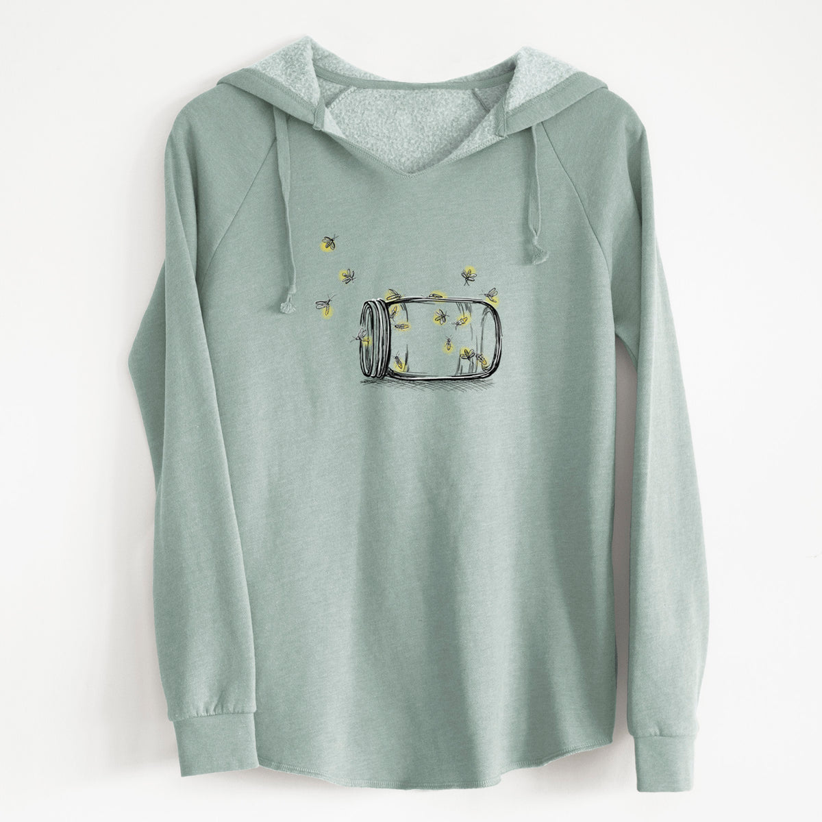 Sage green women's Cali Wave hooded sweatshirt laid flat, printed with a mason jar with glowing yellow fireflies flying out of it.