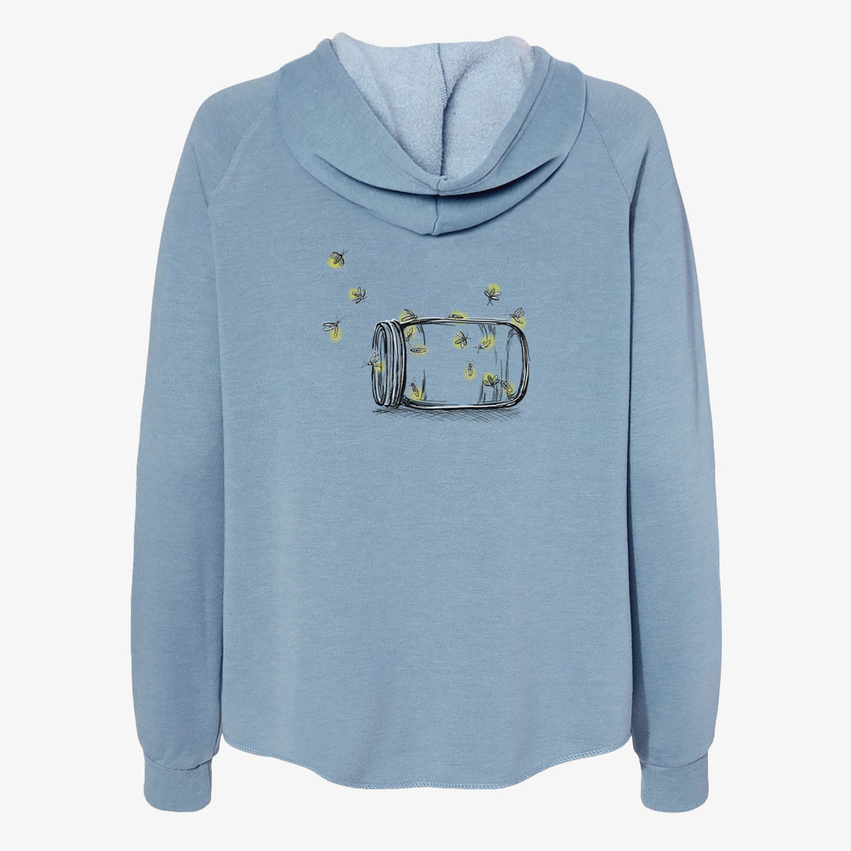 Misty blue women's Cali Wave zip-up sweatshirt laid flat, printed with a mason jar with glowing yellow fireflies flying out of it.