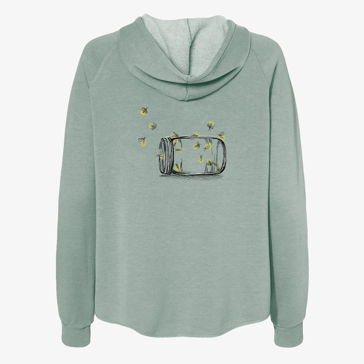 Sage green women's Cali Wave zip-up sweatshirt laid flat, printed with a mason jar with glowing yellow fireflies flying out of it.