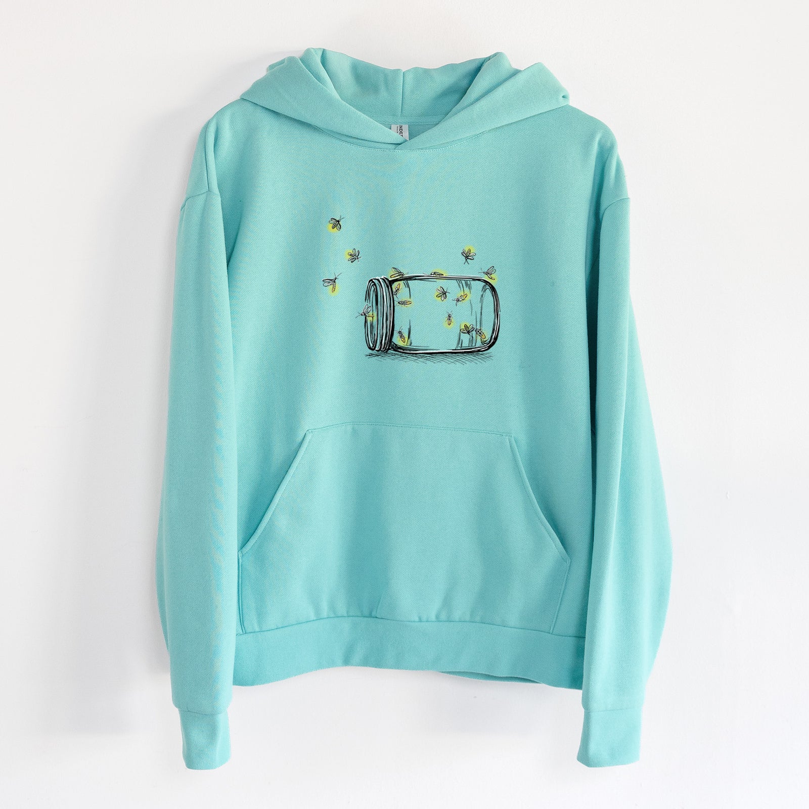 Summer Fireflies - Statement Midweight Hoodie in Seafoam, hanging on a white wall, with a front kangaroo pocket and no drawcords.