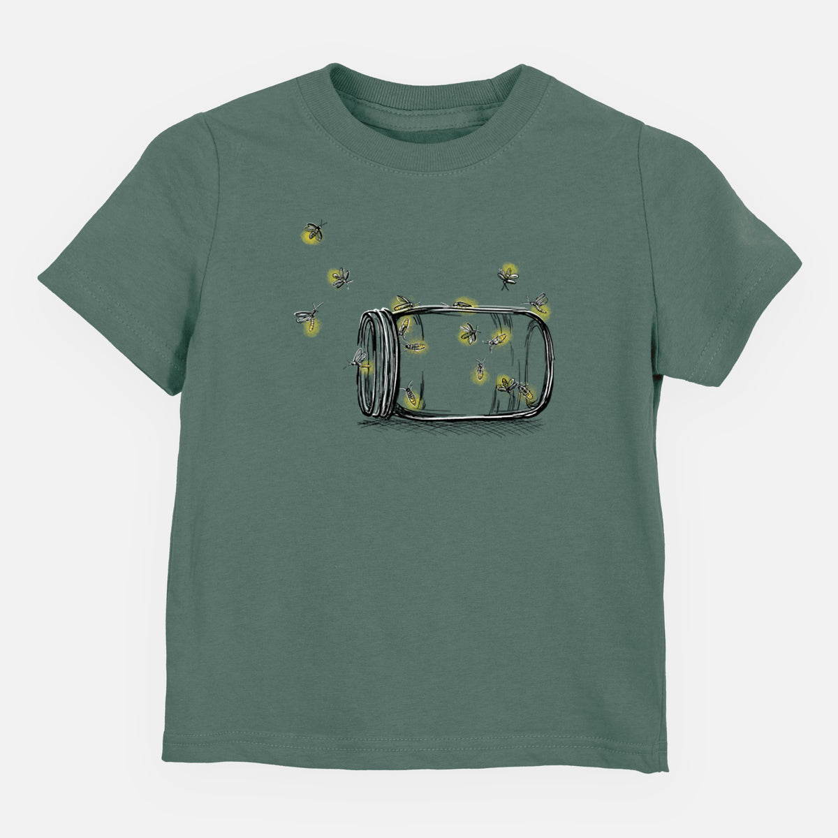 Basil green toddler t-shirt laid flat, printed with a mason jar with glowing yellow fireflies flying out of it.