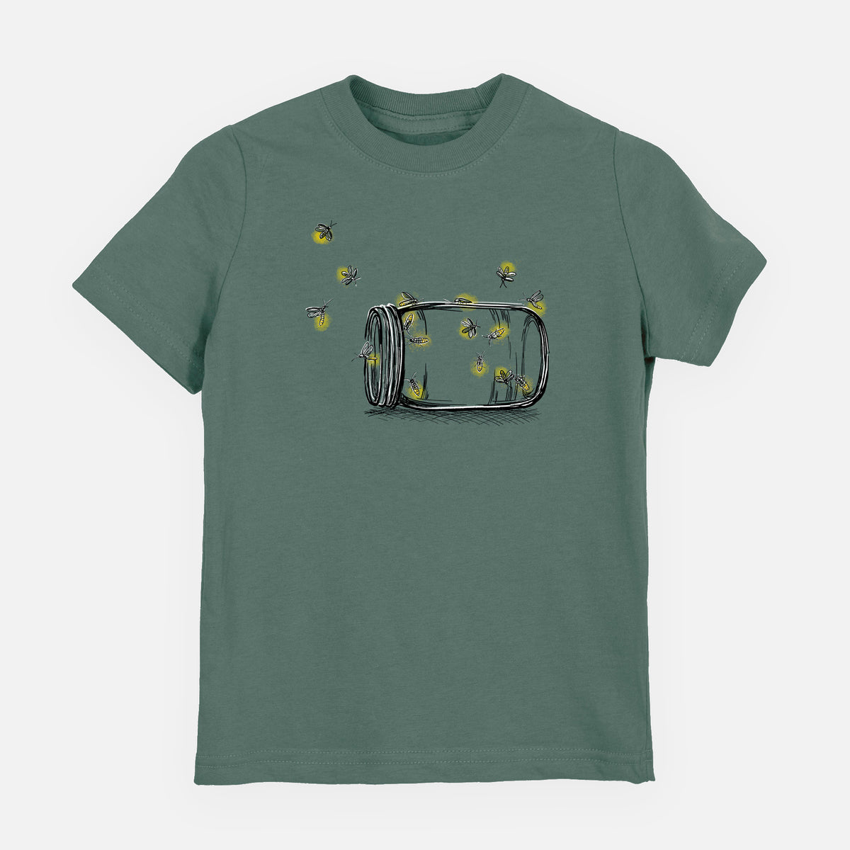 Basil green youth t-shirt laid flat, printed with a mason jar with glowing yellow fireflies flying out of it.