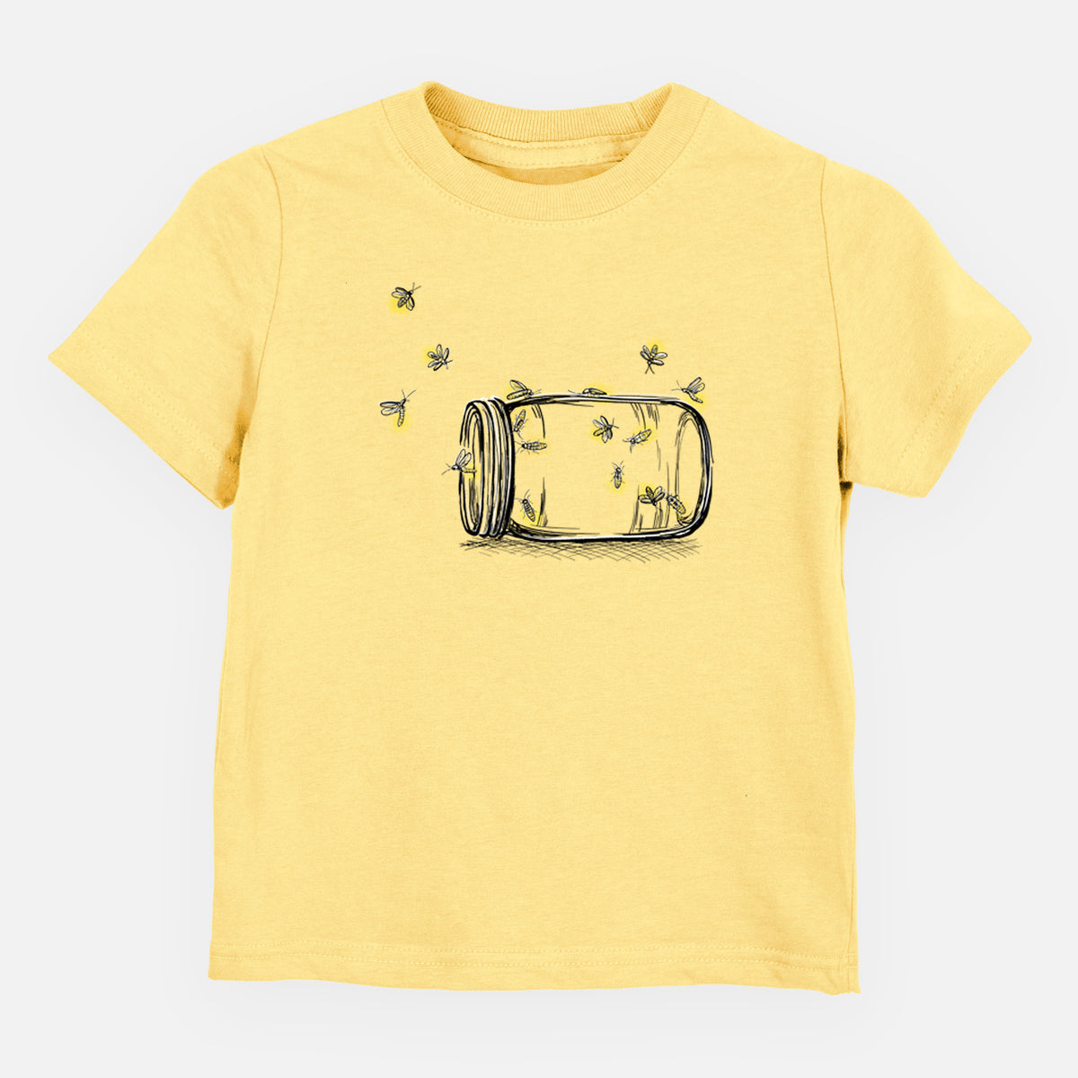Butter yellow toddler t-shirt laid flat, printed with a mason jar with glowing yellow fireflies flying out of it.