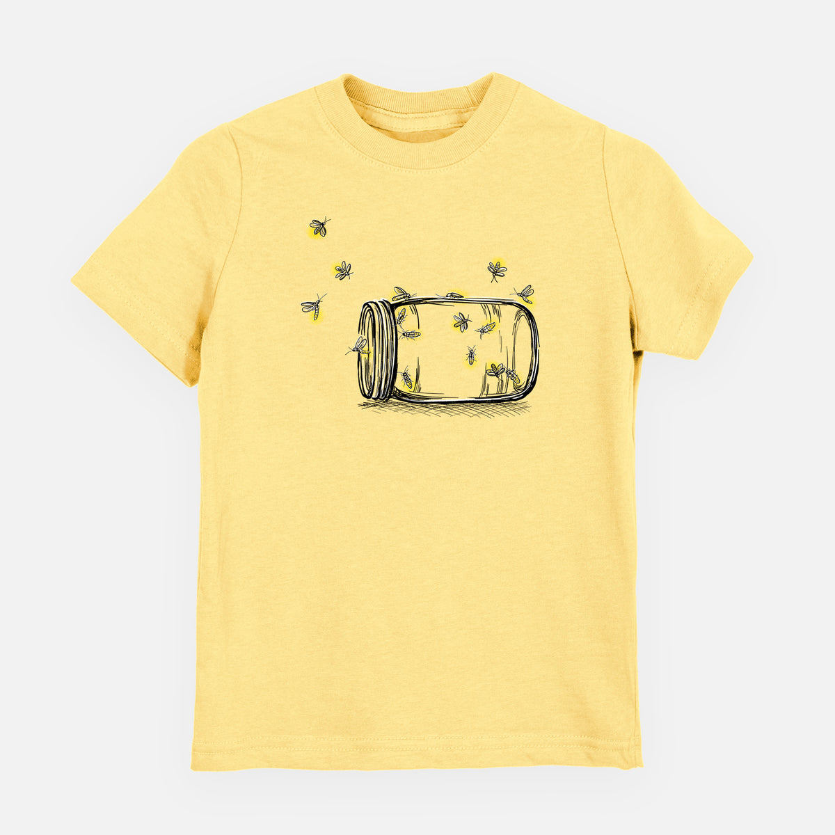 Butter yellow youth t-shirt laid flat, printed with a mason jar with glowing yellow fireflies flying out of it.