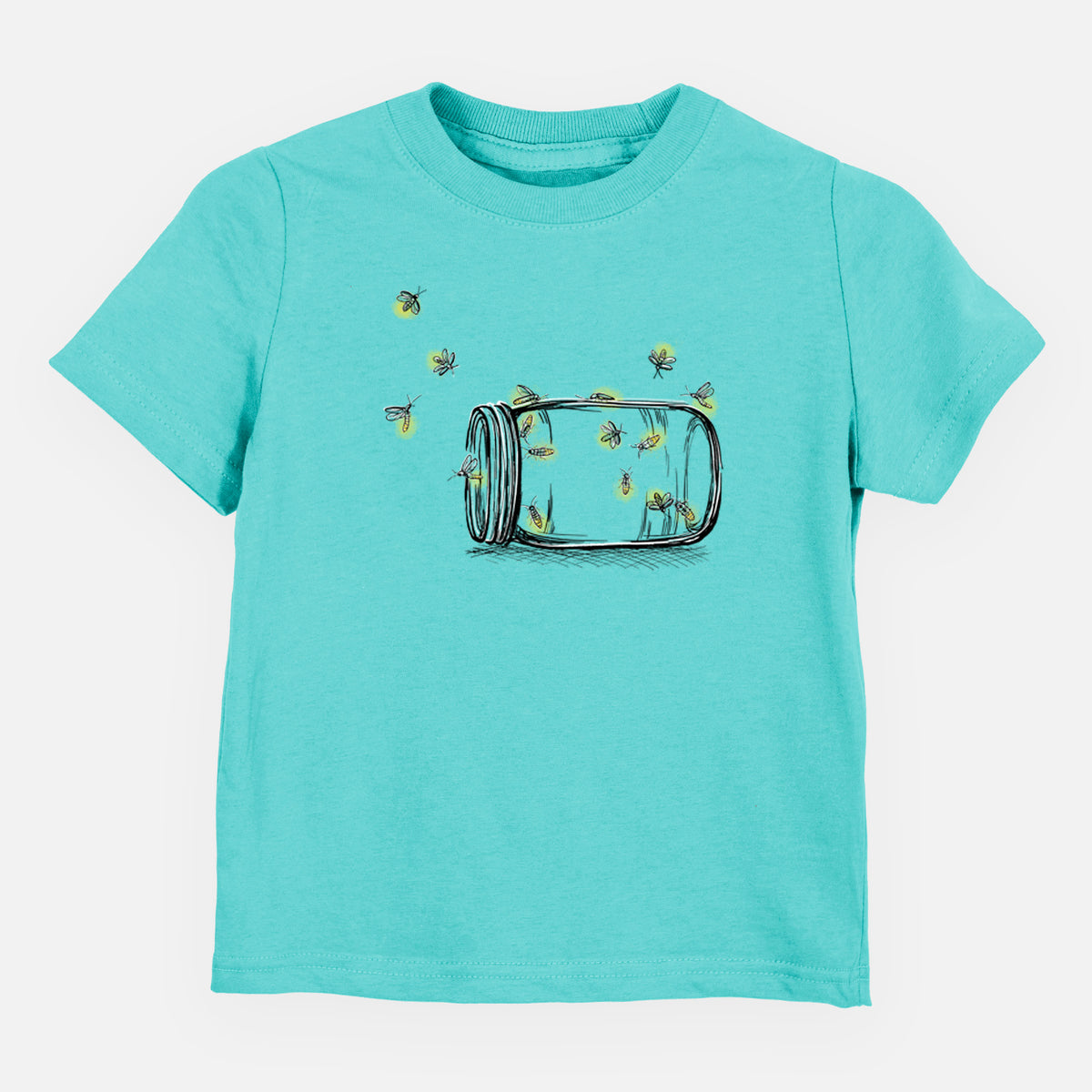 Caribbean blue toddler t-shirt laid flat, printed with a mason jar with glowing yellow fireflies flying out of it.