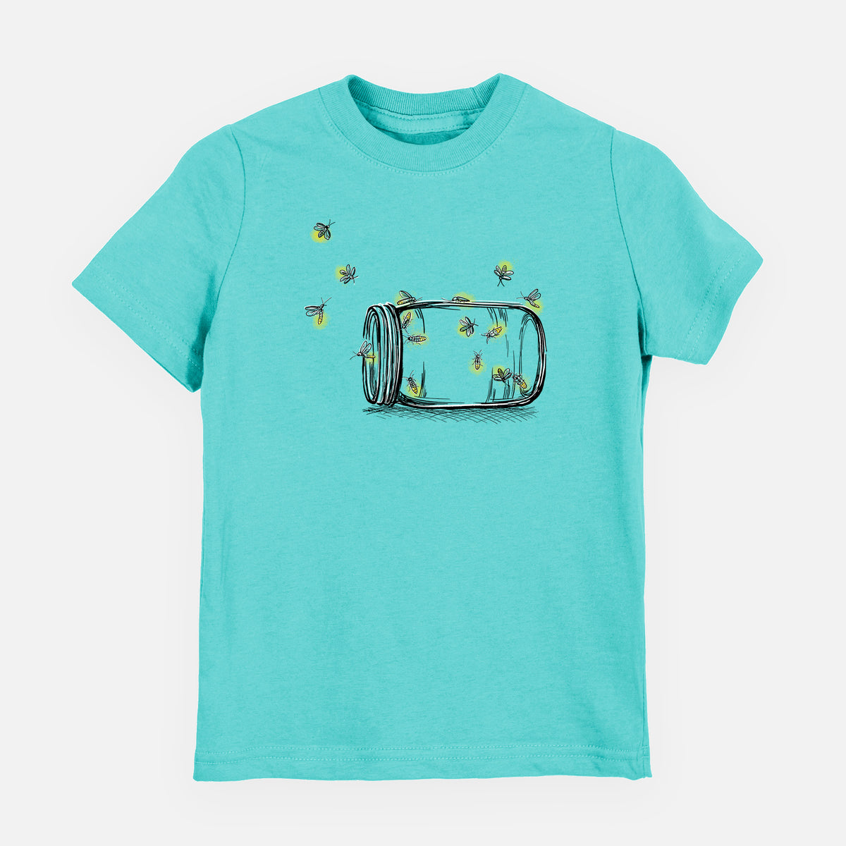 Caribbean blue youth t-shirt laid flat, printed with a mason jar with glowing yellow fireflies flying out of it.