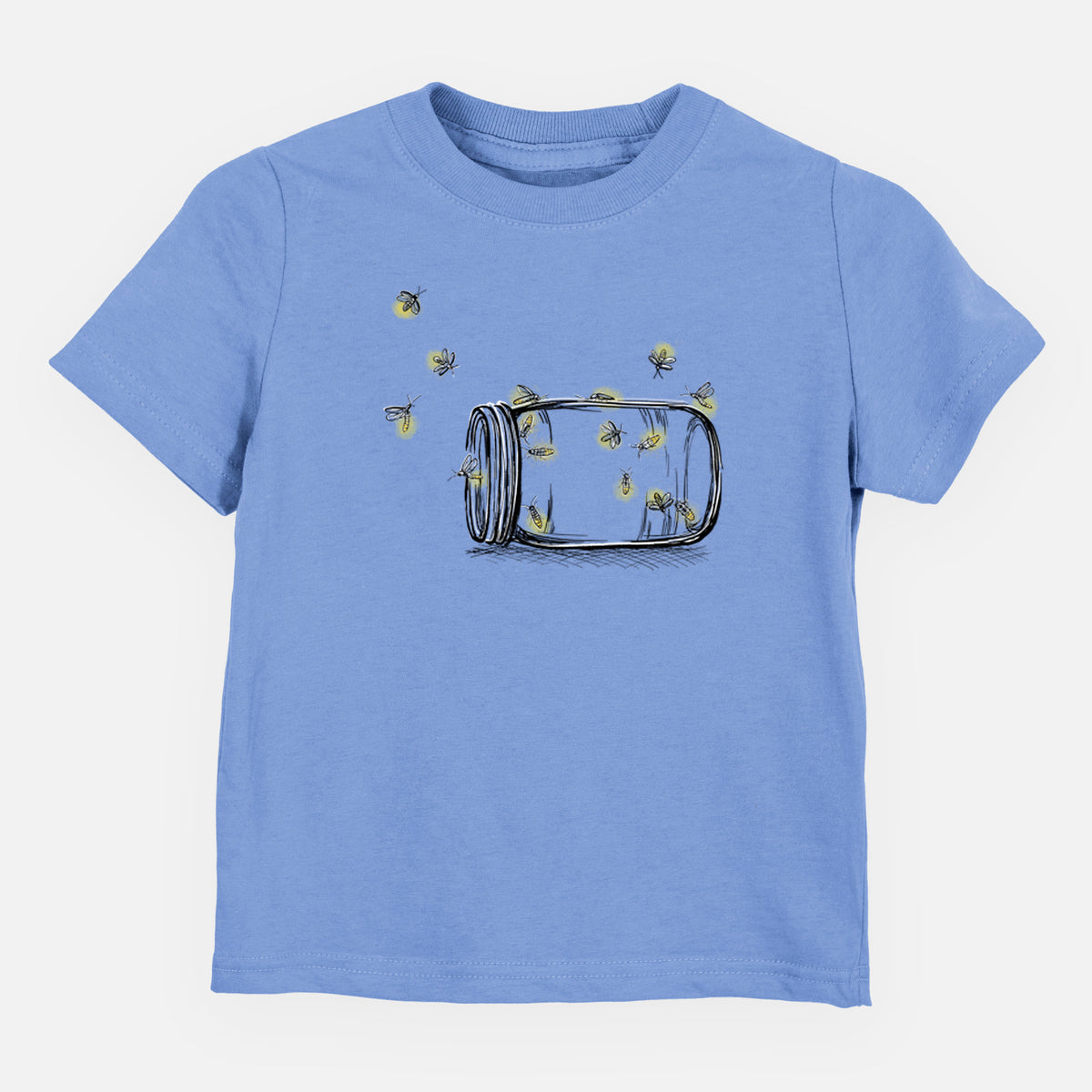 Carolina blue toddler t-shirt laid flat, printed with a mason jar with glowing yellow fireflies flying out of it.