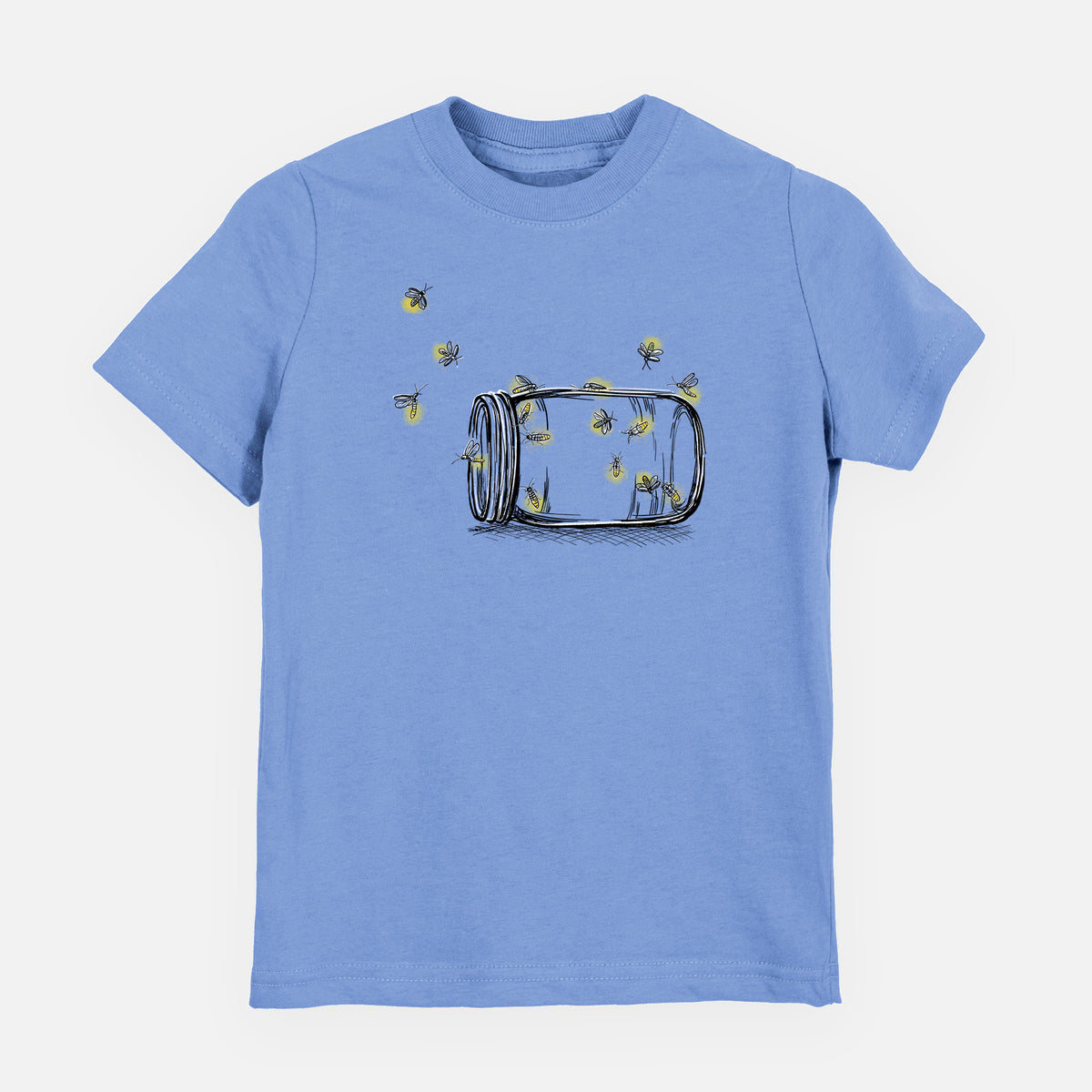 Carolina blue youth t-shirt laid flat, printed with a mason jar with glowing yellow fireflies flying out of it.