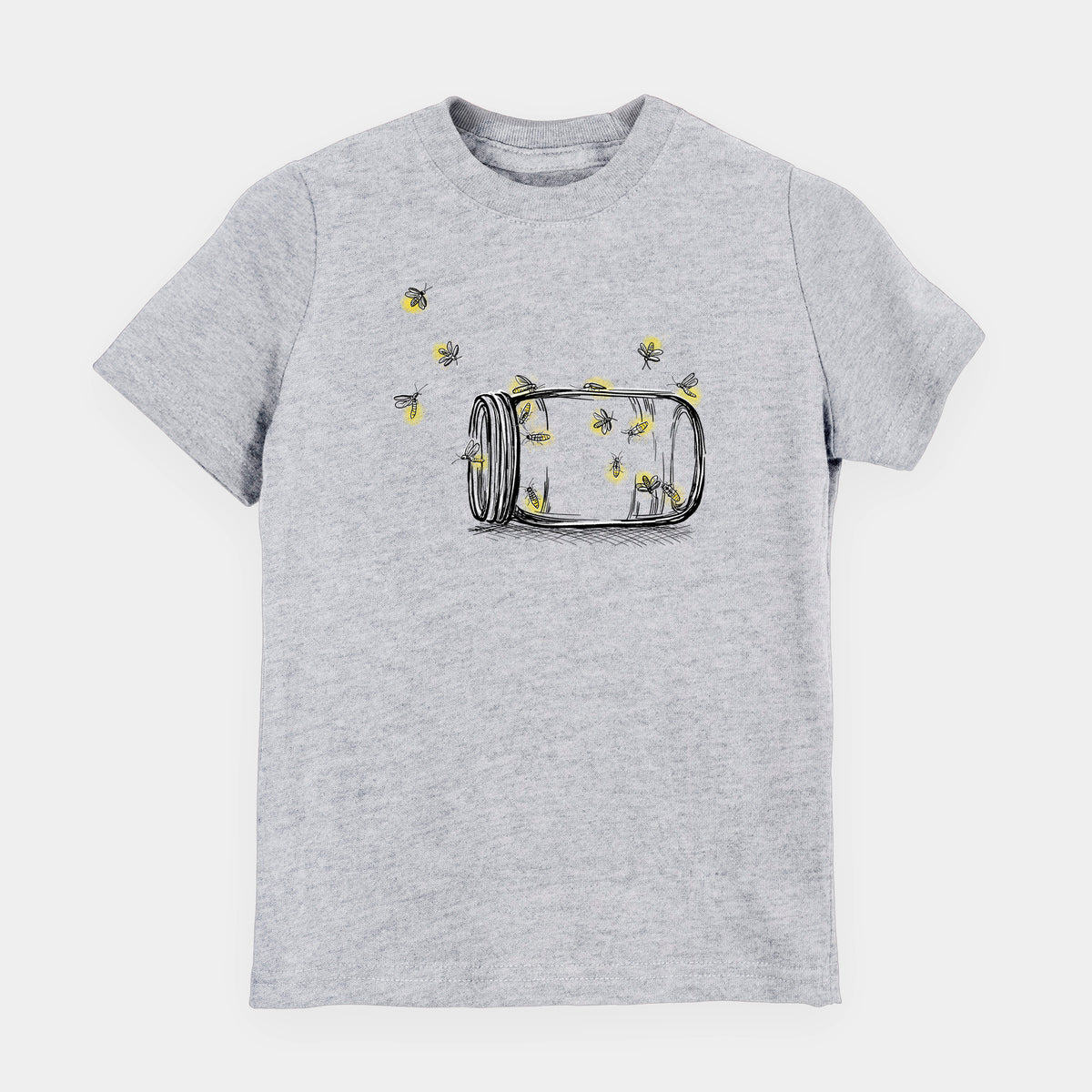 Heather grey youth t-shirt laid flat, printed with a mason jar with glowing yellow fireflies flying out of it.