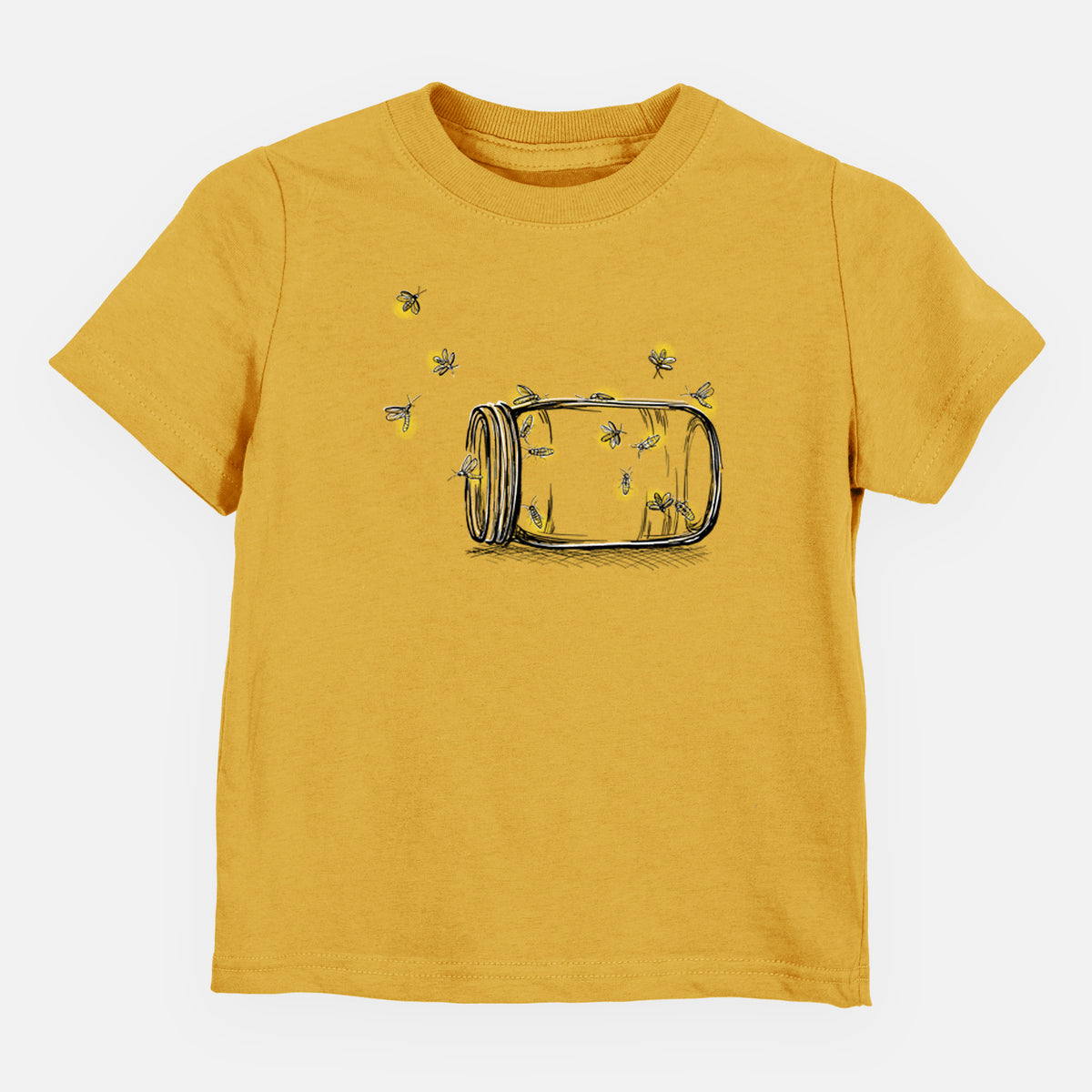 Honeycomb yellow toddler t-shirt laid flat, printed with a mason jar with glowing yellow fireflies flying out of it.
